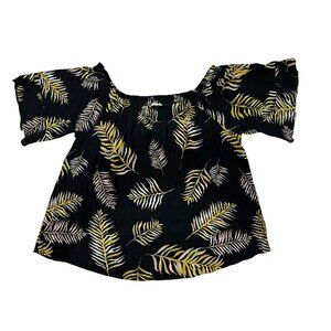 Maurices Womens XL Off Shoulder Blouse Black Leaf Print Short Sleeve
